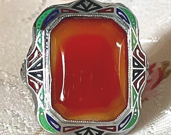 Antique Art deco 10K carnelian ring cocktail enamel