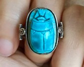 Vintage sterling ankh carved turquoise scarab beetle ring
