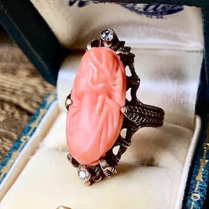 Victorian angel skin coral salmon coral diamonds cameo ring Rose gold