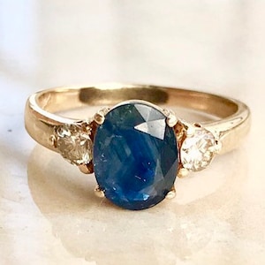 Natural Blue Sapphire diamonds 14K gold ring engagement statement ring