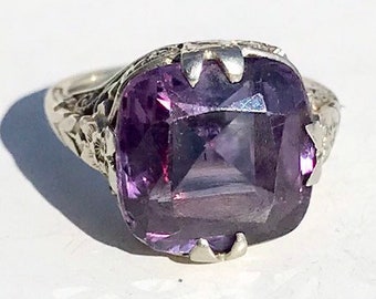 6 CT Color Changing Alexandrite in 14K white gold filigree Antique Art Deco