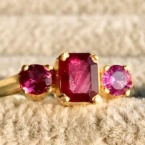 VGT natural ruby and pink topaz 18K engagement ring trilogy
