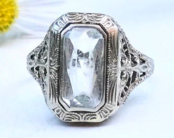Verlobungsring mit Aquamarin (2,8 ct) aus 14-karätigem Weißgold, filigran im Art-déco-Stil