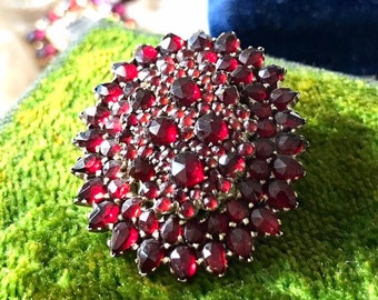 Antieke Victoriaanse Boho granaat hanger medaillon broche granaat cluster zilver