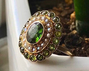 Vintage Art Deco tourmaline ring seed pearl halo 14K gold ring