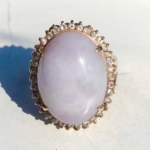 Vintage 14K rose gold lavender jade & white sapphire halo statement ring engagement adjustable shank size 5.75 - 11.75
