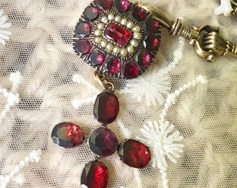 Antique Georgian 12K gold foiled back garnet seed pearls Necklace marriage piece brooch pendant
