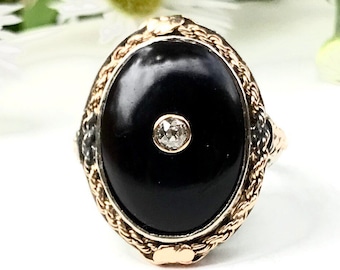 Art Deco 14K rose white gold Onyx diamond chain halo ring filigree engagement statement