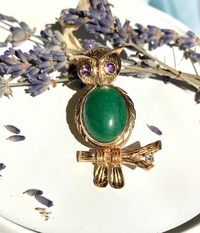 Vintage 14K Gold Owl Brooch Pendant Diamond Amethyst Jade - Etsy Canada