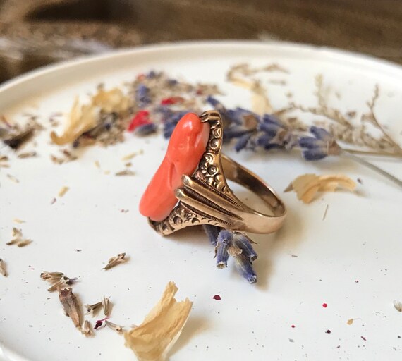 Victorian red salmon coral cameo ring rose gold 1… - image 7