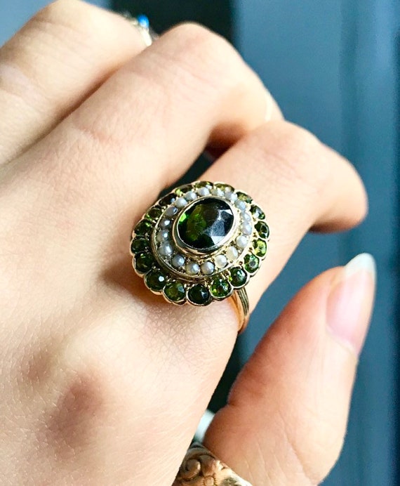Vintage Art Deco Tourmaline Ring Seed Pearl Halo 14K Gold