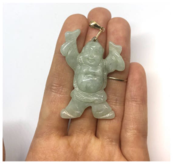 14K gold Huge happy dancing buddha jade pendant - image 4