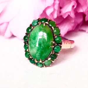 Glorious Art deco icy moss jade halo engagement ring in 14K yellow gold