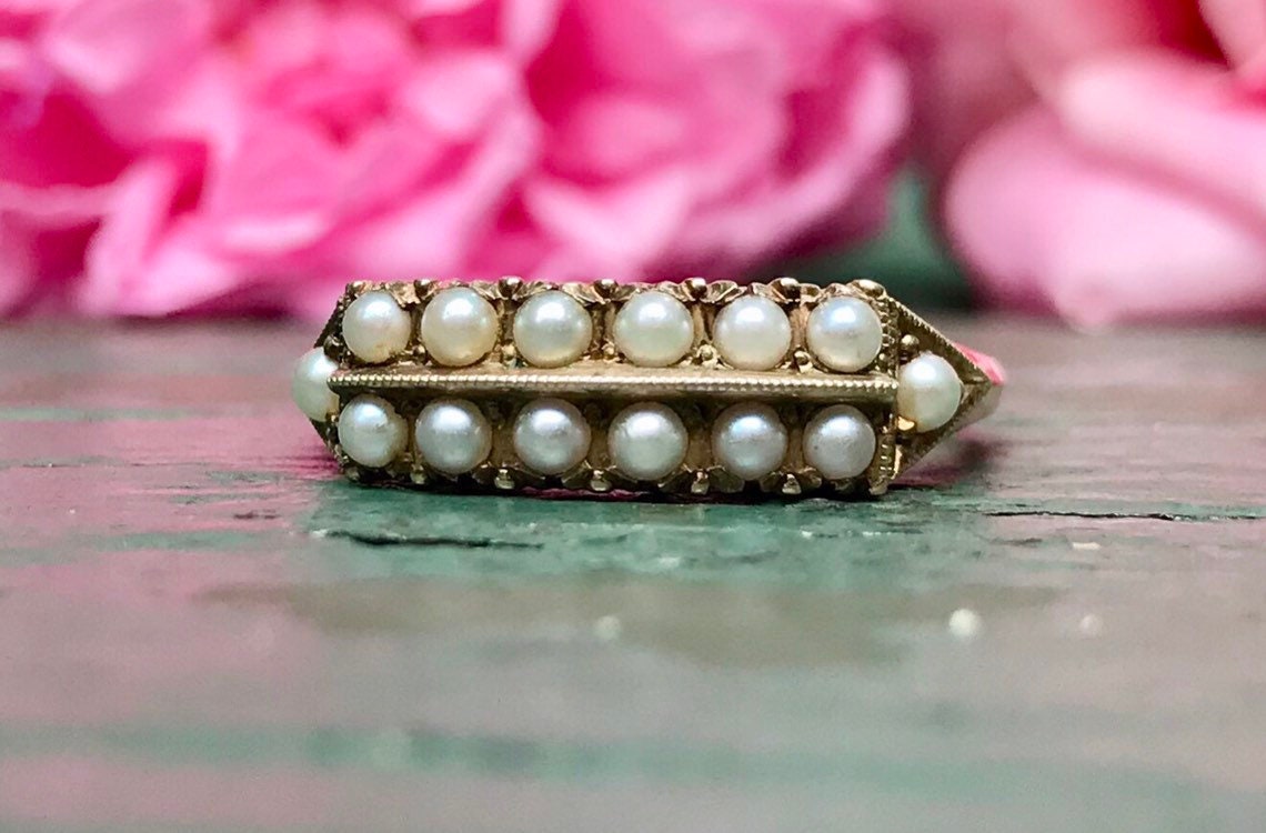 Antique Victorian Seed Pearls Band Ring Half Hoop 14K Gold