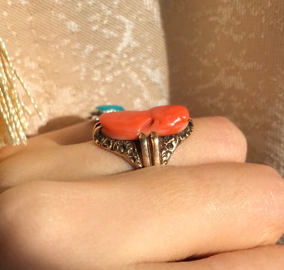 Victorian red salmon coral cameo ring rose gold 1… - image 3