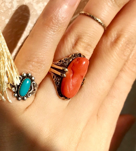 Victorian red salmon coral cameo ring rose gold 1… - image 4