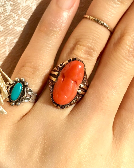 Victorian red salmon coral cameo ring rose gold 1… - image 5