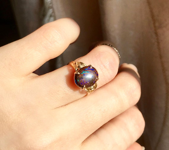 Natural rare Boulder Opal yellow gold ring 14K dr… - image 9