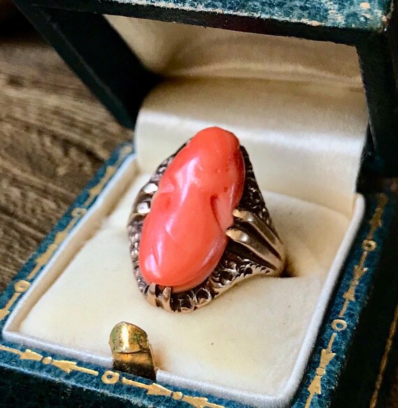 Victorian red salmon coral cameo ring rose gold 1… - image 2