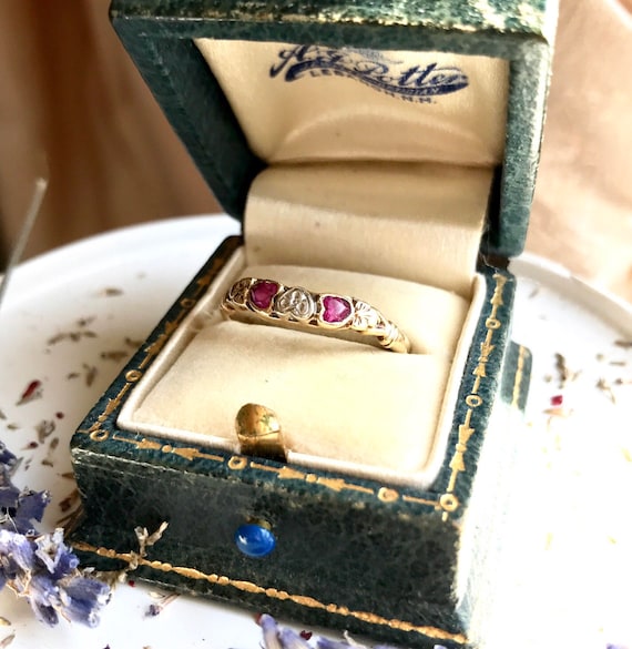 14k Art Deco ruby hearts pansy stack ring