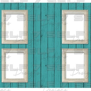 Puede incluir: Cuatro marcos de fotos blancos con acabado de madera están dispuestos en una cuadrícula sobre un fondo de madera azul verdoso.