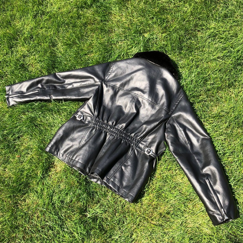 Black Faux Leather Biker Jacket with Fur Collar