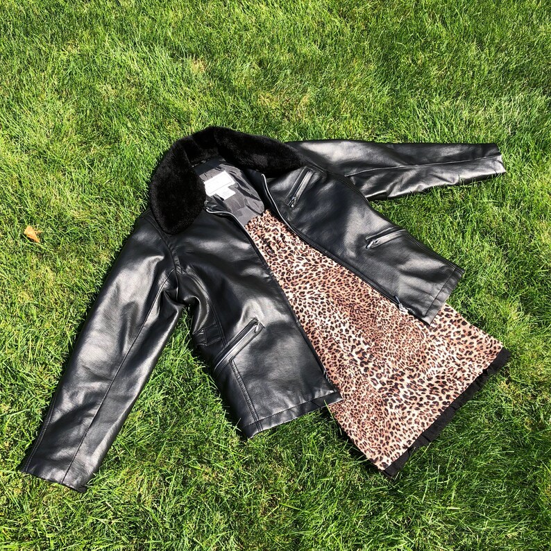 Black Faux Leather Biker Jacket with Fur Collar