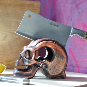wood skull knife stand for hatchet or large knife wood knife holder knife display wood kitchen knife storage horror décor oddity curiosity