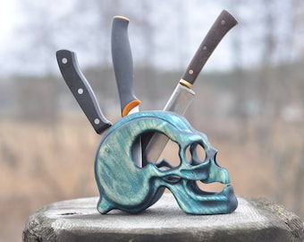 wood skull knife stand for 5 knives, wood knife holder, knife display wood, kitchen knife storage bone collector oddities curiosities