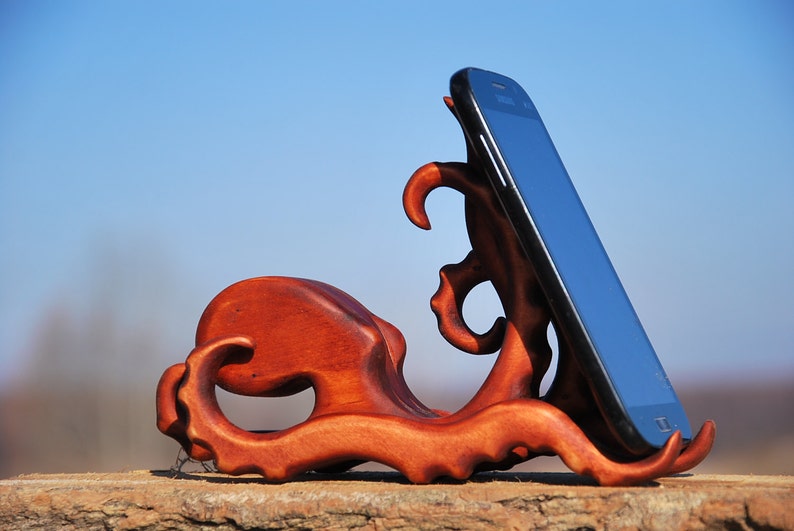 storage gift for her docking station wooden phone stand wood iPhone stand iPhone 11 case octopus gift idea boyfriend gift holder iPhone image 3