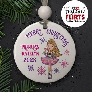 Princess Holiday Ornament Personalized, African American, Blonde, Brunette, Redhead Holiday Handmade Gift for Girls, Christmas Girly Decor Blonde Ceramic