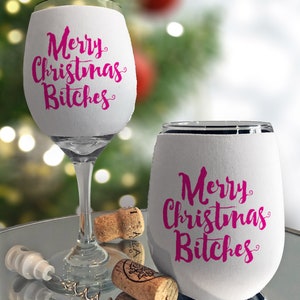 Naughty Christmas Wine Glass Sleeve Wraps, Insulated Drink Holder, Neoprene Beverage Coolie, Holiday Drinks, Festive Funny Wine Huggers Bitches