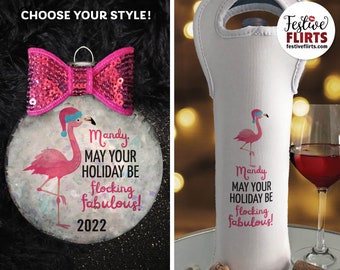 Flamingo Personalized Christmas Ornament or Wine Bag, Flocking Fabulous Pink Sparkly Holiday Gift for Friend, Tropical Beach Holiday