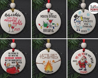 Alcohol Funny Christmas Ornaments, Cocktail Beer Wine Ceramic Ornament, Holiday Spirit Decoration with Santa Snowman, Drinking Gift Exchange