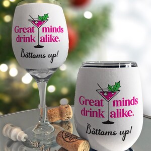 Naughty Christmas Wine Glass Sleeve Wraps, Insulated Drink Holder, Neoprene Beverage Coolie, Holiday Drinks, Festive Funny Wine Huggers Great Minds