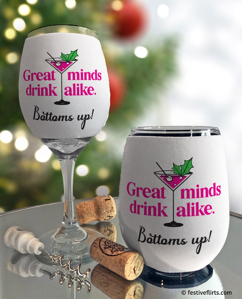 Naughty Christmas Wine Glass Sleeve Wraps, Insulated Drink Holder, Neoprene Beverage Coolie, Holiday Drinks, Festive Funny Wine Huggers Great Minds