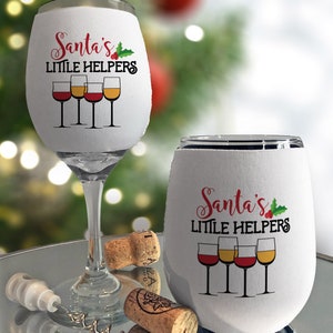 Naughty Christmas Wine Glass Sleeve Wraps, Insulated Drink Holder, Neoprene Beverage Coolie, Holiday Drinks, Festive Funny Wine Huggers Santa's Helpers