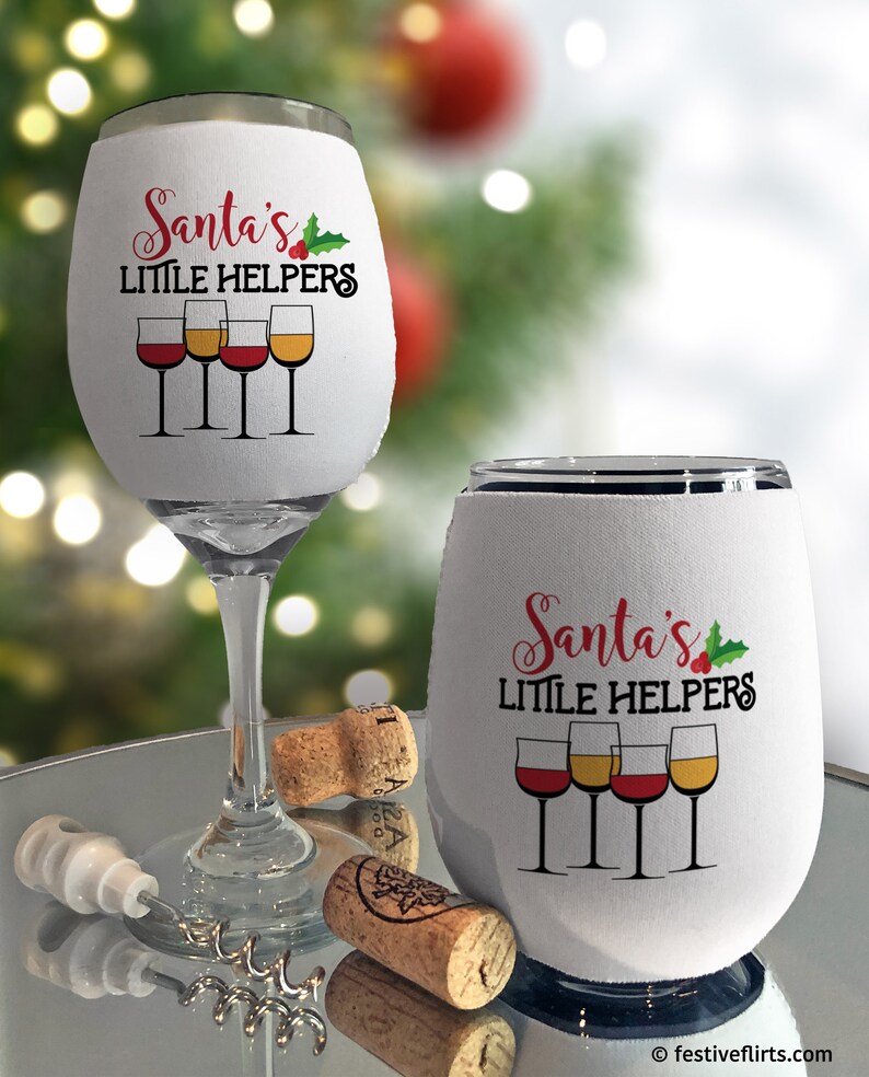 Naughty Christmas Wine Glass Sleeve Wraps, Insulated Drink Holder, Neoprene Beverage Coolie, Holiday Drinks, Festive Funny Wine Huggers Santa's Helpers