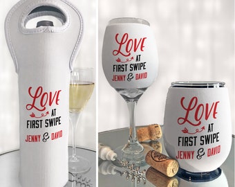 Personalized Love at First Swipe Valentine's Day Gift, Wine Bottle Bag or Wine Glass Sleeve, Boyfriend Girlfriend, Online Dating, Bumble