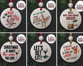 Alcohol Theme Ceramic Christmas Ornaments, Funny Drinking Gifts, Wine & Beer Ornaments, Gifts for Him, Whiskey Bourbon Cocktail Ornament