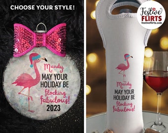 Flamingo Personalized Christmas Ornament or Wine Bag, Flocking Fabulous Pink Sparkly Holiday Gift for Friend, Tropical Beach Holiday