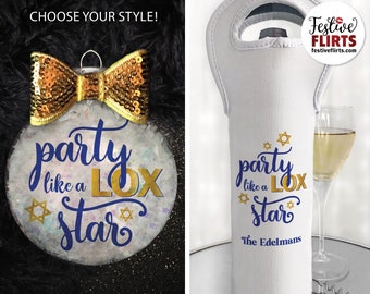 Party Like A Lox Star Hanukkah Ornament or Personalized Wine Bottle Bag, Handmade Funny Jewish Gift, Rock Star Pun, Play on Words