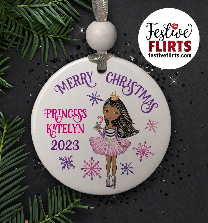 Princess Holiday Ornament Personalized, African American, Blonde, Brunette, Redhead Holiday Handmade Gift for Girls, Christmas Girly Decor African Amer Ceramic