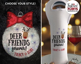 Deer Friends Forever Personalized Christmas Ornament or Insulated Christmas Wine Bottle Bag, Best Friend Gift, Cute Reindeer, Friendship