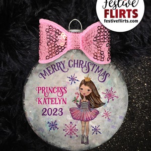 Princess Holiday Ornament Personalized, African American, Blonde, Brunette, Redhead Holiday Handmade Gift for Girls, Christmas Girly Decor Brunette Plastic