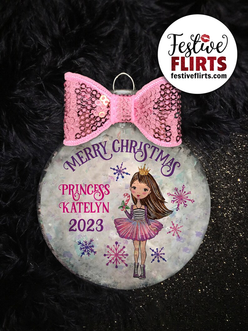 Princess Holiday Ornament Personalized, African American, Blonde, Brunette, Redhead Holiday Handmade Gift for Girls, Christmas Girly Decor Brunette Plastic