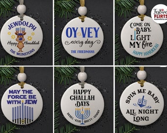 Novelty Hanukkah Funny Ceramic Ornaments, Kitschy Decor, Menorah and Dreidel, Jewish Reindeer, Oy Vey, Challah Days, Chanukah Bush Decor