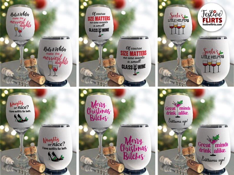 Naughty Christmas Wine Glass Sleeve Wraps, Insulated Drink Holder, Neoprene Beverage Coolie, Holiday Drinks, Festive Funny Wine Huggers image 1