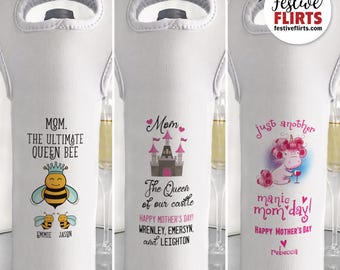 Personalized Mother's Day Wine Bottle Bags, Cute Gift from Kids, Celebrate Mom Wine Gift, Queen Bee, Mom's Day