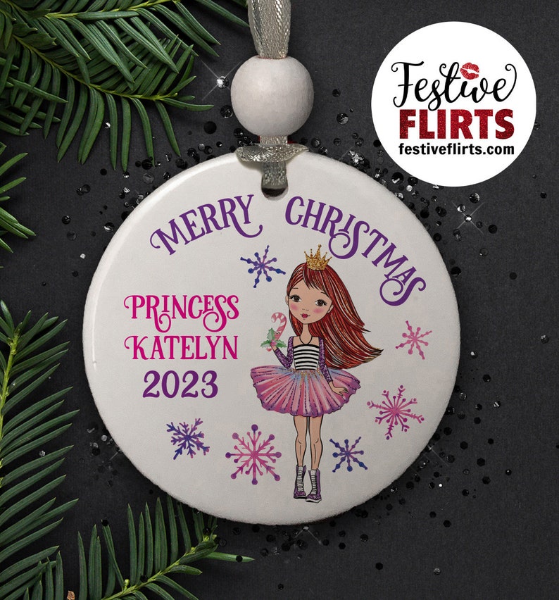 Princess Holiday Ornament Personalized, African American, Blonde, Brunette, Redhead Holiday Handmade Gift for Girls, Christmas Girly Decor Redhead Ceramic